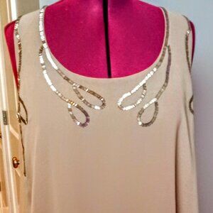 Relativity Long Beige Embellished Sleeveless Top